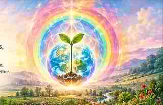 Rainbow portal glowing around the living Earth above a green valley, drawn from the approved GaiasBus artwork